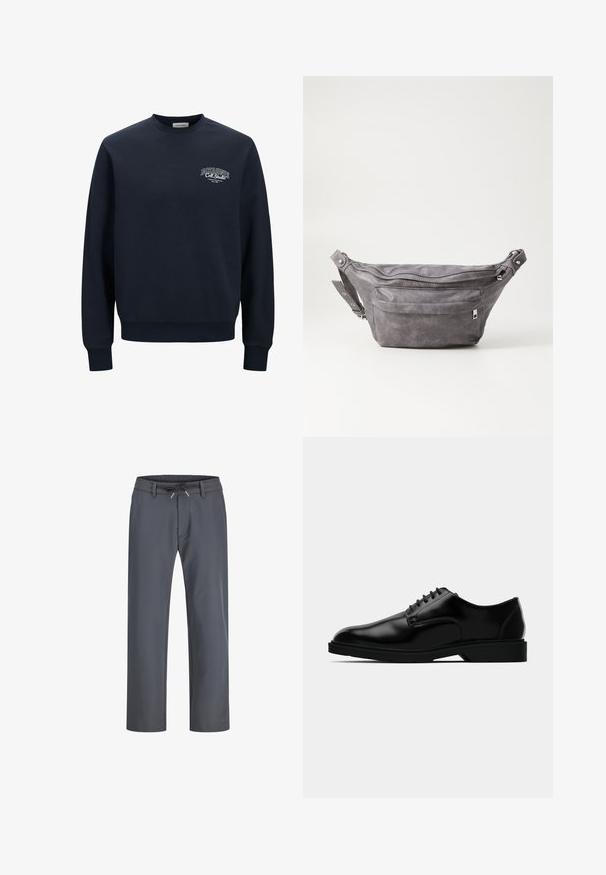 Temno moder pulover iz mešanice bombaža, s krožnim izrezom. Ima rebraste manšete in spodnji del, z belim logotipom na levi strani prsnega koša.; Sive, elastične hlače z gumico in vezalko. Ravnina noge, izdelane iz gladkega materiala, imajo minimalne šive in brez vidne strojne opreme.; Črne usnjene oblečne čevlje z gladko površino, okroglim nosom, zavezovanjem in diskretnim gumijastim podplatom za oprijem.; Sivkasta zamšasta torbica s okroglo obliko, dvema žepoma na zadrgo in nastavljivim trakom. Ima kovinske dodatke.