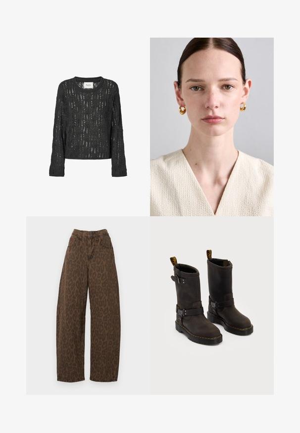 Tumehall villane sviiter laia lõikega. Omab pitsimustrit, pikki varrukaid ja ümarat kaelust. Brändi silt kaasas.; Pruun leopardimustriga laiad püksid kõrge vöökohtaga, nupuga kinnitamine ja kaks esipocketit. Valmistatud pehmest denimprahvist.; Tumedate pruunid nahast saapad keskmise kannaga, kollased õmblused, reguleeritavad klambrid ja tõmblukud ülaosas. Marmoreeritud viimistlus.; Kuldse rõngaskõrvarõngad siledast pinnast, mida kannab heleda nahaga inimene, kellel on tekstuuriga kreemivärvi kangast V-kaelusega top.