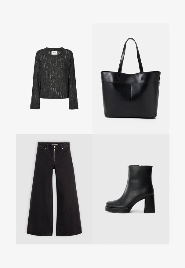 Ciemnoszary, dziany sweter o luźnym kroju. Posiada koronkowy wzór, długie rękawy i okrągły dekolt. W zestawie z metką marki.; Jeans o szerokich nogawkach w czarnym denienie z zamkiem błyskawicznym z przodu, pięcioma kieszeniami i subtelnymi detalami przeszycia. Gładka tekstura i swobodny styl.; Czarne skórzane botki za kostkę z blokowym obcasem i platformą, widok z boku na białym tle.; Czarna skórzana torba na ramię z dwoma długimi uchwytami, gładką teksturą i sztywną formą. Posiada przednią kieszeń dla dodatkowego przechowywania.