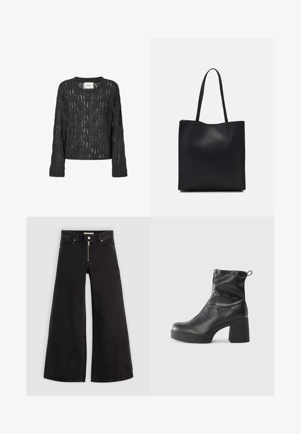 Tumši pelēks, adīts džemperis ar brīvu piegriezumu. Iezīmējas ar mežģīņu rakstu, garām piedurknēm un apaļu kakla izgriezumu. Iekļauta zīmola birka.; Platas kājas džinsi melnā džinsa audumā ar rāvējslēdzēju priekšā, piecu kabatu dizains un smalkas šuvju detaļas. Gluda tekstūra un ikdienišķs stils.; Melni potītes zābaki, kas izgatavoti no gludas ādas, ar sānu rāvējslēdzēju, masīvu strukturētu papēdi un noapaļotu purngalu.; Melnas ādas somiņa ar gludu tekstūru, taisnstūra formu un divām garām rokturiem. Nav redzamu aparatūras vai rotājumu.