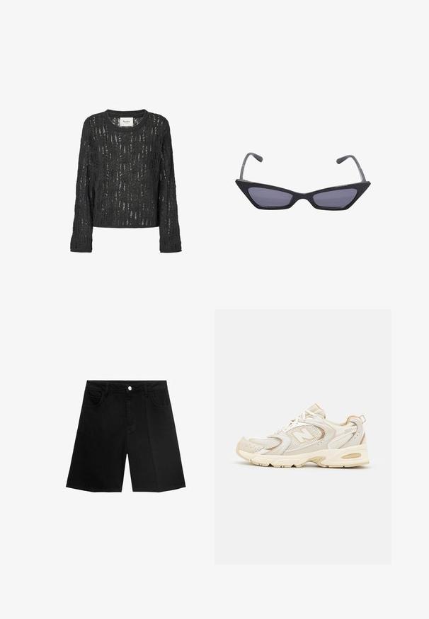 Mörkgrå, stickad tröja med en lös passform. Har ett spetsmönster, långa ärmar och rund halsringning. Varumärkesetikett ingår.; Svarta denimshorts med rak skärning, fem fickor och knäppning med silverfärgad knapp. Slät textur med minimala sömdetaljer.; Beige atletiska skor med nät och syntetiska överlägg, med en texturerad yta, vadderad krage och "ABZORB" dämpning vid hälen.; Svarta kantiga solglasögon med gråtonade linser, som har skarpa kanter och smala skalmar. Designen inkluderar en blank yta.