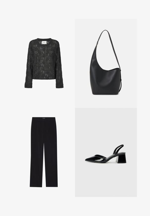 Tamno siva pletiva, labavo krojena dukserica. Ima čipkast uzorak, duge rukave i okrugli izrez. Uključena oznaka branda.; Crne korduroy hlače ravnog kroja, s ravnim pojasom i bez vidljivih džepova, glatke teksture i detaljima vertikalnih rebrastih uzoraka.; Crne lakirane kožne sandale s otvorenom petom i špicastim vrhom, s geometrijskom blok petom. Imaju elegantan, minimalistički dizajn i glatku teksturu.; Crna kožna hobo torba s glatkom teksturom, zakrivljenim oblikom i jednom podesivom trakicom; ima širok otvor na vrhu.