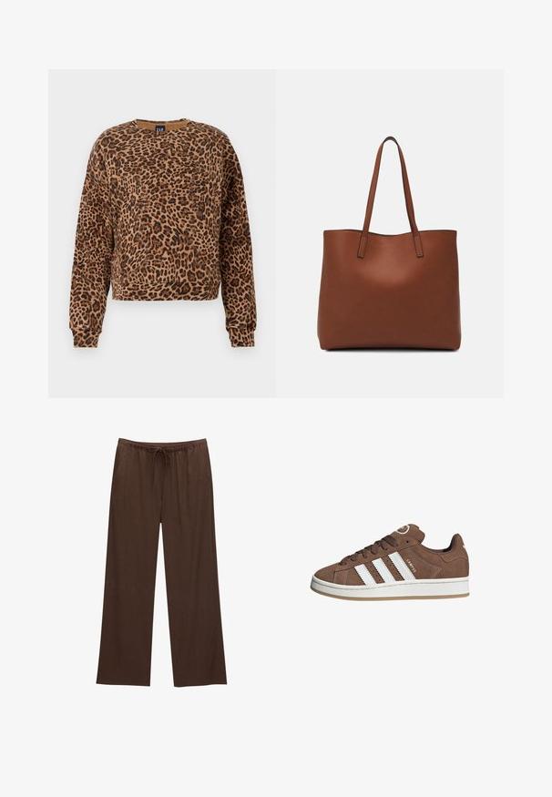 Felpa con stampa leopardata in tonalità di marrone e nero. Realizzata in morbido tessuto, presenta un colletto rotondo e maniche lunghe con polsini a costine.; Pantaloni larghi marroni realizzati in tessuto morbido, con vita elastica e cordoncino, e due tasche laterali.; Sneakers in suede marrone con strisce in pelle bianca, suola in gomma, punta rotonda e lacci. Presentano un logo sulla linguetta e dettagli perforati.; Borsa tote in pelle marrone con texture liscia, design con apertura superiore e due spallacci. Presenta cuciture minime e nessun hardware visibile.