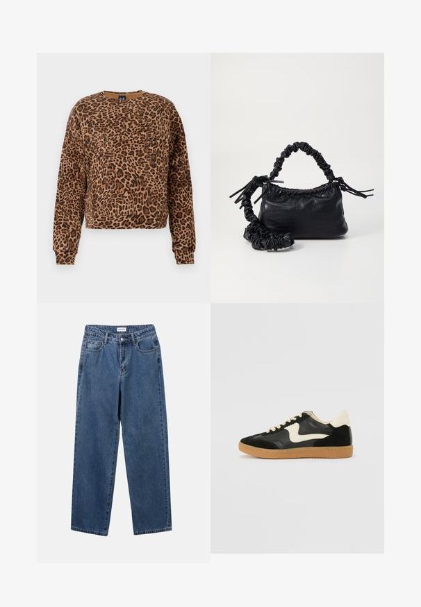 Leopardimustriga sweatshirt pruunide ja mustade toonidega. Valmistatud pehmest kangast, ümar kaelus ja pikad varrukad elastsete kraeääridega.; Klassikalised sinised denimists teksad otsejalaga disainiga, viie taskuga ja nööbisuletusega. Omab keskmist pesu ja tugevat tekstuuri.; Must musta ja nahast sneakersid, millel on koorevärvi külgsuund ja hele koorik. Omab beeži paelu ja kummi kummist välistalla.; Must must sünteetilisest nahast käekott, millel on krokodillimuster, kokku tõmmatav ülaosa ja kortsus rihm. Tundub pehme ja kompaktne disain.