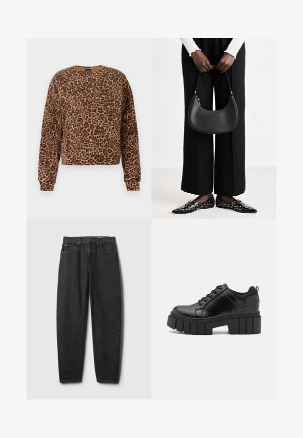 Leopard-print sweatshirt in shades of brown and black. Made of soft fabric, features a round neckline and long sleeves with ribbed cuffs.; Black denim jeans with a straight-leg cut, featuring five pockets, a button closure, and minimal stitching detail. Classic design and texture.; Black leather platform shoes with a chunky block heel, round toe, and traditional lace-up design. Features smooth texture and minimal detailing.; Black leather shoulder bag with a rounded shape, glossy finish, and silver hardware. Person wearing black wide-leg pants and studded loafers.