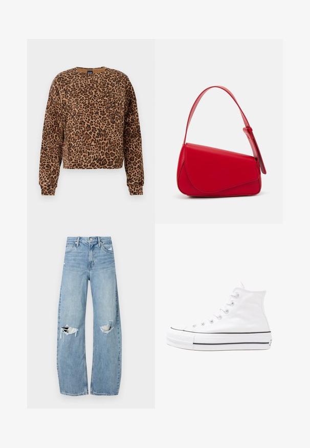 Sweatshirt com padrão de leopardo em tons de castanho e preto. Feito de tecido suave, apresenta um decote redondo e mangas longas com punhos canelados.; Jeans de lavagem clara, de cintura alta, feitos de denim. Apresentam pernas largas, duas áreas rasgadas nos joelhos e o estilo clássico de cinco bolsos.; Sapatilha alta de tela branca com sola de borracha preta, bico de borracha na frente e seis ilhós para os atacadores, apresentando um design limpo e minimalista.; Bolsa de mão em couro vermelho com um design angular e geométrico. Apresenta uma única alça ajustável e um fecho com aba, com detalhes cosidos.