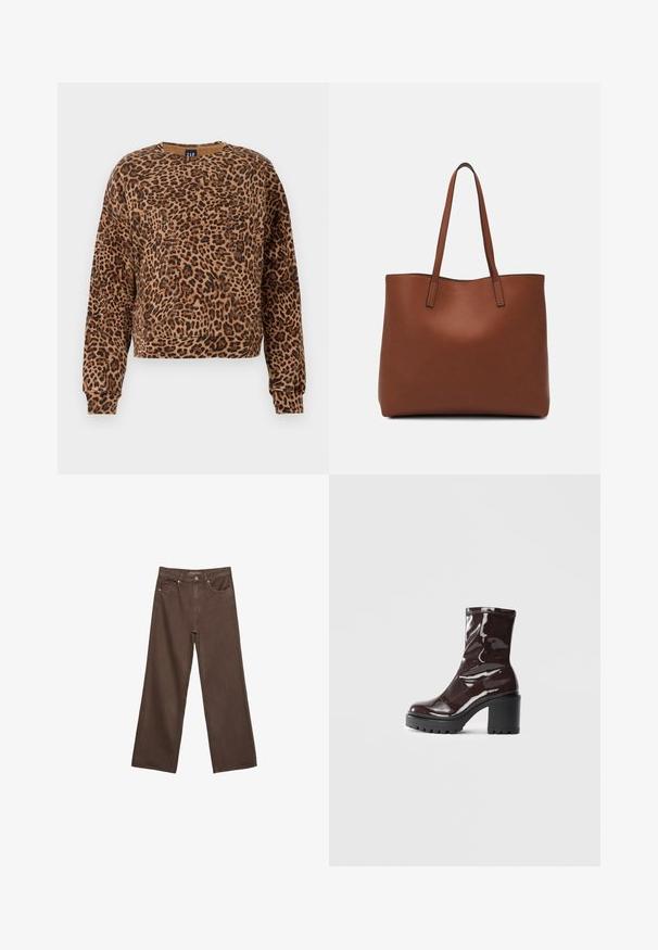Mikina s leopardím vzorom v odtieňoch hnedej a čiernej. Vyrobená z mäkkej tkaniny, má okrúhly výstrih a dlhé rukávy s rebrovanými manžetami.; Džínsy s širokými nohavicami v hnedej farbe, vyrobené z denimu, so zvýšeným pásom, prednými vreckami a klasickým zapínaním na gombík. Hladká textúra s jemným prešívaním.; Lesklé burgundské kotníkové boty s robustním černým podpatkem, s hladkou strukturou a jednoduchým designem. Bez viditelných zapínání nebo vzorů.; Hnedá kožená taška na rameno s hladkou textúrou, otvoreným vrchom a dvoma ramenými popruhmi. Má minimálne šitia a žiadne viditeľné kovania.