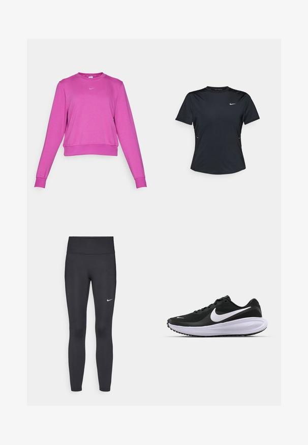 Sweatshirt cor-de-rosa cropped com mangas longas, decote redondo, bainha uniforme e um pequeno logótipo cinza na frente. Tecido suave e de malha.; Camiseta desportiva preta de manga curta, feita de um tecido leve que drena a humidade. Apresenta um decote redondo e um pequeno logo branco da Nike no peito.; Leggings pretos feitos de tecido elástico, com uma cintura alta e um logo branco da Nike na coxa esquerda. Textura suave, design ajustado ao corpo.; Sapatilha desportiva preta com parte superior em malha texturizada, logótipo swoosh branco, colarinho almofadado e uma entressola branca espessa e acolchoada. Sola de borracha.