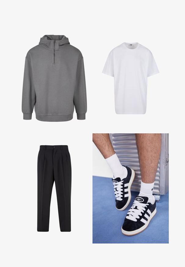 Harmaa huppari, jossa on puolivetoketju edessä, pitkät hihat, ribbaus hihansuissa ja pehmeä, tekstuuriainen kangas. Yksinkertainen muotoilu ilman kuvioita.; Valkoinen puuvillainen t-paita, jossa on lyhyet hihat, pyöreä kaula-aukko, rento istuvuus ja ei näkyviä logoja tai kuvioita. Sileä pinta ja minimaalinen muotoilu.; Mustat housut, joissa on laskostettu etuosa, valmistettu sileästä kankaasta. Varustettu nappikiinnityksellä ja vyölenkeillä; suora lahje.; Mustat mokkasneakersit, joissa on valkoiset nauhat ja kolme valkoista raitaa. Kengissä on ympyrän muotoinen musta logo kielen päällä ja kuminen pohja.