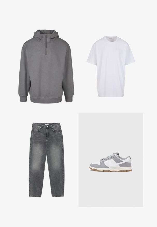 Siva dukserica s kapuljačom s polu-zip zatvaranjem sprijeda, dugim rukavima, rebrastim manžetama i mekim, teksturiranim materijalom. Jednostavan dizajn bez uzoraka.; Bijela pamučna majica s kratkim rukavima, zaobljenim izrezom, opuštenog kroja, bez vidljivih logotipa ili uzoraka. Glatka tekstura i minimalni dizajn.; Traperice visokog struka, širokog kroja u izblijedjelom crnom denimu. Imaju pet džepova, petlje za remen, i čist, ravni kroj nogu.; Sivi i bijeli tenisice s gornjištem od antilopa i kože, okruglim vrhom, ravnim vezicama i gumenim potplatom s dodatkom boje gume.