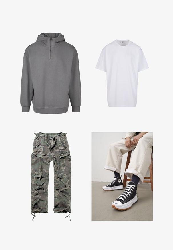 Gray hooded sweatshirt with a half-zip front, long sleeves, ribbed cuffs, and a soft, textured fabric. Simple design with no patterns.; White cotton t-shirt with short sleeves, rounded neckline, relaxed fit, and no visible logos or patterns. Smooth texture and minimal design.; Camo cargo pants in green and gray, featuring multiple pockets, elastic waistband, adjustable ankle cuffs, and a relaxed fit.; High-top black sneakers with white laces and rubber toe cap. Thick white sole with a textured brown outsole, worn with navy striped socks.
