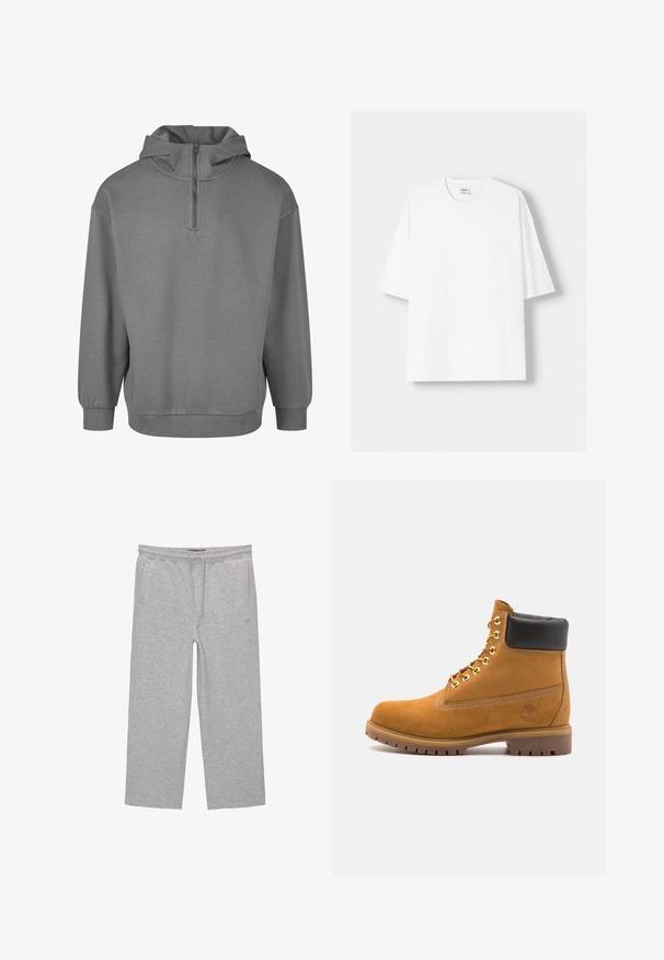 Grau sweatshirt mit Kapuze und halbem Reißverschluss, langen Ärmeln, gerippten Bündchen und einem weichen, strukturierten Stoff. Einfaches Design ohne Muster.; Weißes kurzärmliges T-Shirt aus Baumwolle mit Rundhalsausschnitt und lockerer Passform. Glatte Textur, ohne sichtbare Muster oder Akzente.; Graue Baumwoll-Loungehosen mit elastischem Bund, Kordelzug und zwei seitlichen Taschen; gerader Schnitt, weiche Textur, ohne Muster.; Beige Wildleder-Ankle-Boot mit schwarzem gepolstertem Kragen, goldenen Metallösen, weißen Nähdetalben und einer robusten Gummisohle mit ausgeprägtem Profil.