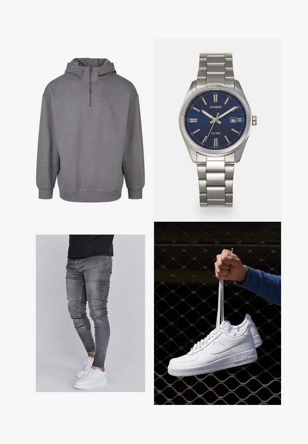 Grijze hooded sweatshirt met een halve ritssluiting aan de voorkant, lange mouwen, ribgebreide boorden en een zachte, gestructureerde stof. Eenvoudig ontwerp zonder patronen.; Skinny jeans in vervaagd grijs denim, met versleten details op de knieën, gecombineerd met witte sneakers. Gladde textuur, slank model.; Witte leren sneakers met perforaties, ronde neus, vlakke zool en dikke veters, met een zichtbare swoosh-logo en "AIR" op de hiel.; Zilveren roestvrijstalen horloge met een marineblauwe wijzerplaat, metalen uurmarkeringen en een datumnis op 3 uur. Waterbestendig tot 50 meter.