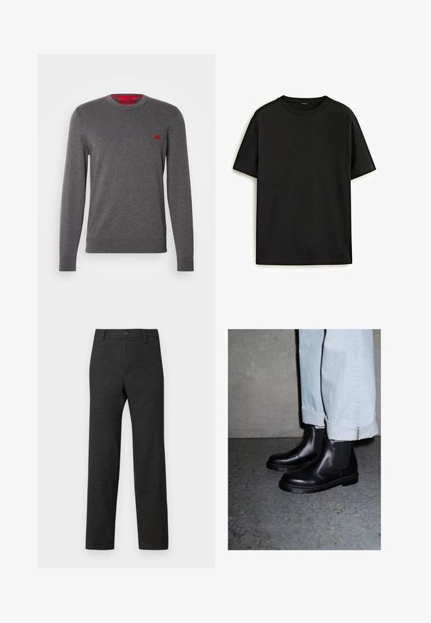 Maglione grigio girocollo in tessuto morbido, con una piccola patch rossa sul petto, polsini e orlo a costine per un look aderente.; T-shirt in cotone nero con collo rotondo classico, maniche corte e vestibilità rilassata. Tessuto morbido, senza fantasie o decorazioni.; Pantaloni grigi scuri realizzati in tessuto intrecciato, con design a gamba dritta, passanti per cintura e chiusura con un singolo bottone in vita.; Stivaletti Chelsea in pelle nera con pannelli laterali elasticizzati e suola in gomma testurizzata, abbinati a jeans in denim blu chiaro con risvolto.