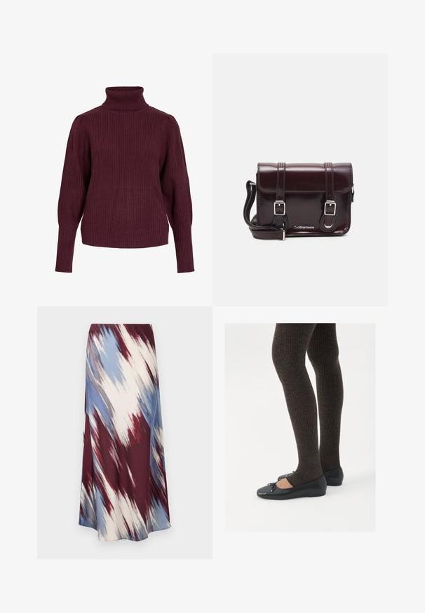 Burgunderfarbener Rollkragenpullover aus geripptem Strickstoff, mit langen Ärmeln und einem lockeren Schnitt, der enganliegende Bündchen und einen hohen Kragen hat.; Lange Rock mit einem diagonalen Batikmuster in Burgunder, Blau und Creme, aus weichem Stoff mit fließender Silhouette und leichtem Glanz.; Schwarze flache Schuhe mit einem kleinen Schleifendetail an der Zehe, kombiniert mit dunkelbraunen gerippten Strumpfhosen. Die Schuhe haben eine glatte Textur und ein niedriges Profil.; Burgunderfarbene Patelleder-Crossbody-Tasche mit rechteckiger Form, zwei Riemen, silberfarbener Hardware und einem Klappenverschluss.