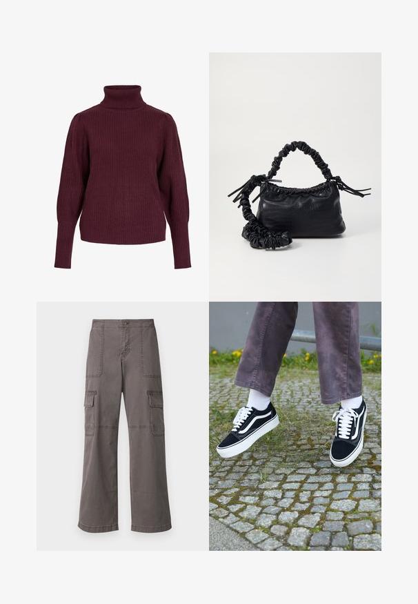 Burgunderfarget genser med høy hals laget av ribbestrikket stoff, med lange ermer og avslappet passform, samt stramme mansjetter og høy krage.; Grå cargobukser laget av bomull med et bredt ben-design, med to frontlommer, to sidelommer og synlige sømdetaljer.; Svarte semskede joggesko med hvite detaljer, med rund tå, tykk hvit såle og klassisk snøring, båret med hvite sokker og lilla bukser.; Svart faux skinn-håndveske med krokodilletekstur, strammet topp og en rynket stropp. Ser myk og kompakt ut i designen.