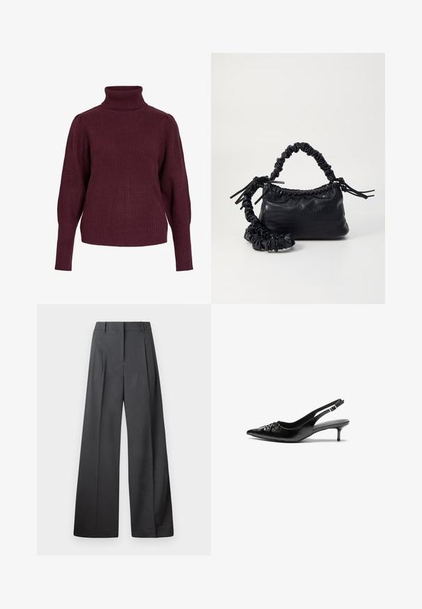 Burgundy turtleneck sweater made of ribbed knit fabric, featuring long sleeves and a relaxed fit with snug cuffs and a high collar.; Wide-leg trousers in dark gray fabric, featuring a high waist, single pleats, and a smooth texture with a clean finish at the hems.; Black leather slingback heels with a pointed toe, small kitten heel, and a decorative knot detail on the front. Smooth texture throughout.; Black faux leather handbag with a crocodile texture, cinched top, and a scrunched strap. Appears soft and compact in design.