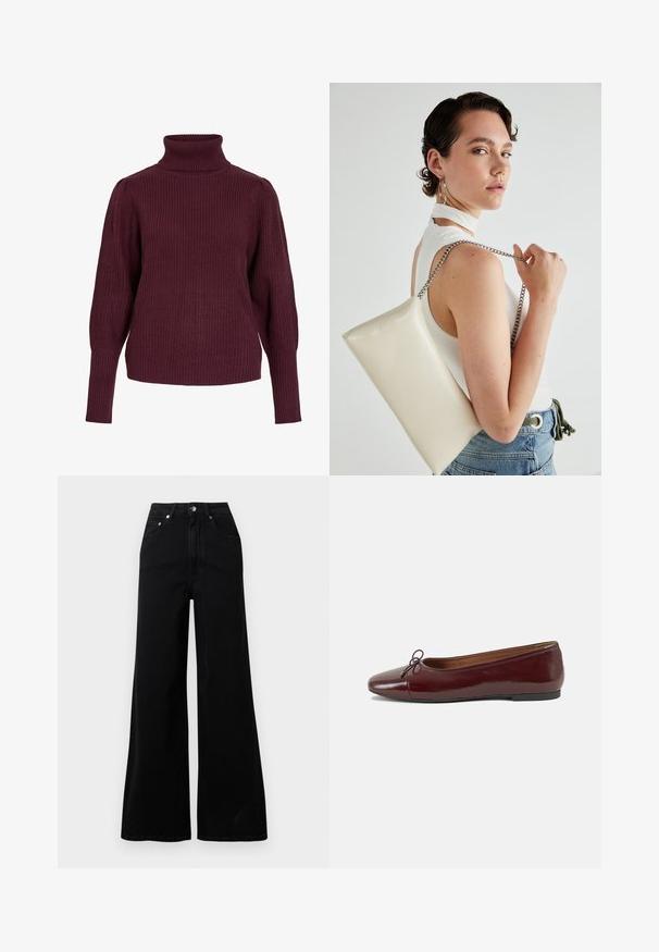 Bordo turtleneck pulover od rebrastog pletenog materijala, s dugim rukavima i opuštenim krojem, sa prisnim manžetama i visokim ovratnikom.; Crne široke traperice od trapera, s visokim strukom, pet džepova, zatvaranjem na gumbe sprijeda i minimalnim šavovima.; Burgundska lakirana balerinka s zaobljenim vrhom, malim mašnom sprijeda i niskom, crnom gumenom potplatu. Glatka tekstura.; Bijela pravokutna torbica s kopčanjem, izrađena od sjajnog materijala, s srebrnim lančićem. Model pozira, prikazujući torbicu na jednostavnoj pozadini.