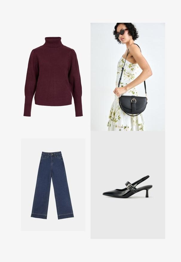 Burgundi spalvos megztinis su aukštu kaklu, pagamintas iš raukšlėto mezgimo audinio, su ilgomis rankovėmis ir laisvu siluetu, kurio rankogaliai yra prispausti.; Plati džinsai tamsiai mėlynos denimo. Yra penki kišenės, diržo kilpos ir apatinė briauna su matomais siuvimo detalėmis.; Juodai lakuoti slingback aukštakulniai su smailiu kojų pirštu ir mažais blokiniais kulniukais, su sidabro sagtimi ant dirželio.; Juodas odinis krepšys su išlenkta forma, nuimamu dirželiu ir auksiniais detalėmis. Krepšys turi kilpą su sagtimi.