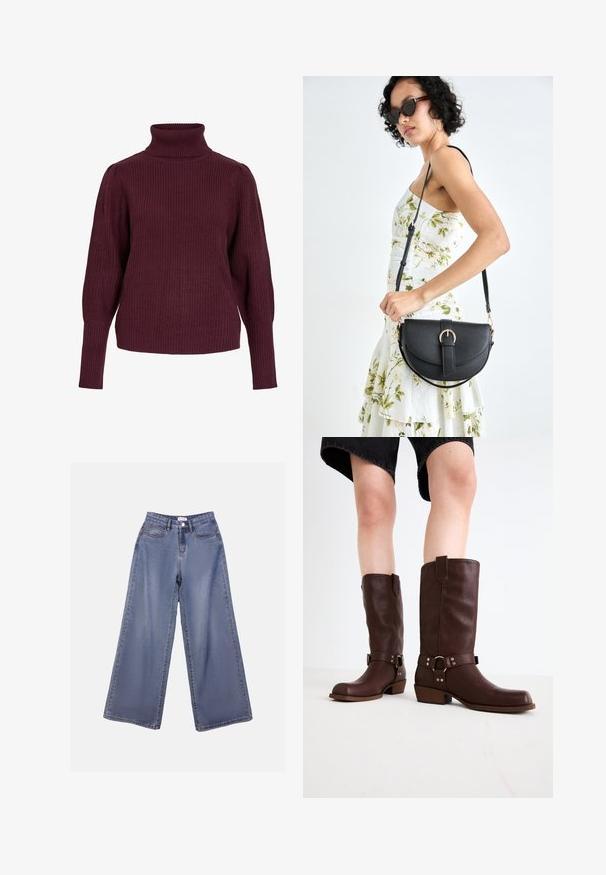 Burgunderfarget genser med høy hals laget av ribbestrikket stoff, med lange ermer og avslappet passform, samt stramme mansjetter og høy krage.; Bredde ben jeans i lys blå vask, med høy livhøyde, frontlommer og knappelukking med beltehemper.; Brune lærknesko med rund tå, teksturert overflate, ankelrem og detaljer i sølv; stablet hæl.; Svart lærveske med en buet form, avtagbar stropp og gullbeslag. Vesken har et klaff med spenne-detall.