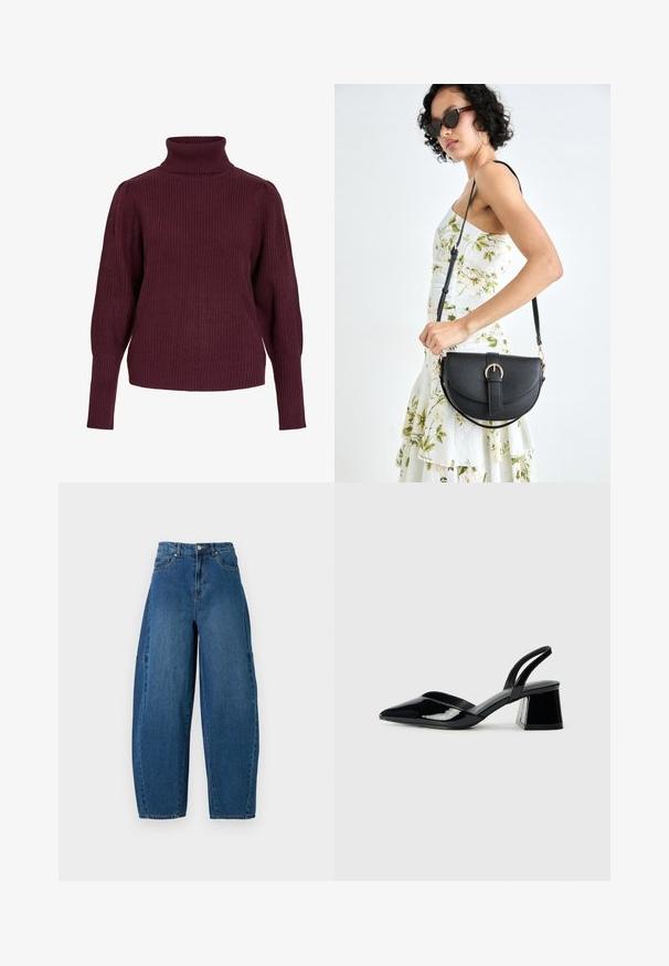 Burgundowa sweter z golfem wykonany z prążkowanej dzianiny, z długimi rękawami i luźnym krojem z dopasowanymi mankietami oraz wysokim kołnierzem.; Jeans dżinsowe w średnim niebieskim kolorze, z wysokim stanem, szeroką nogawką oraz standardowym pięciomieszkowym wzorem, z widocznymi detalami przeszycia.; Czarne lakierowane półbuty na obcasie z wydłużonym noskiem i geometrycznym słupkiem. Charakteryzują się eleganckim, minimalistycznym designem oraz gładką fakturą.; Czarna skórzana torebka o zakrzywionym kształcie, z odpinanym paskiem i złotymi akcentami. Torebka posiada klapę z zapięciem w kształcie klamry.