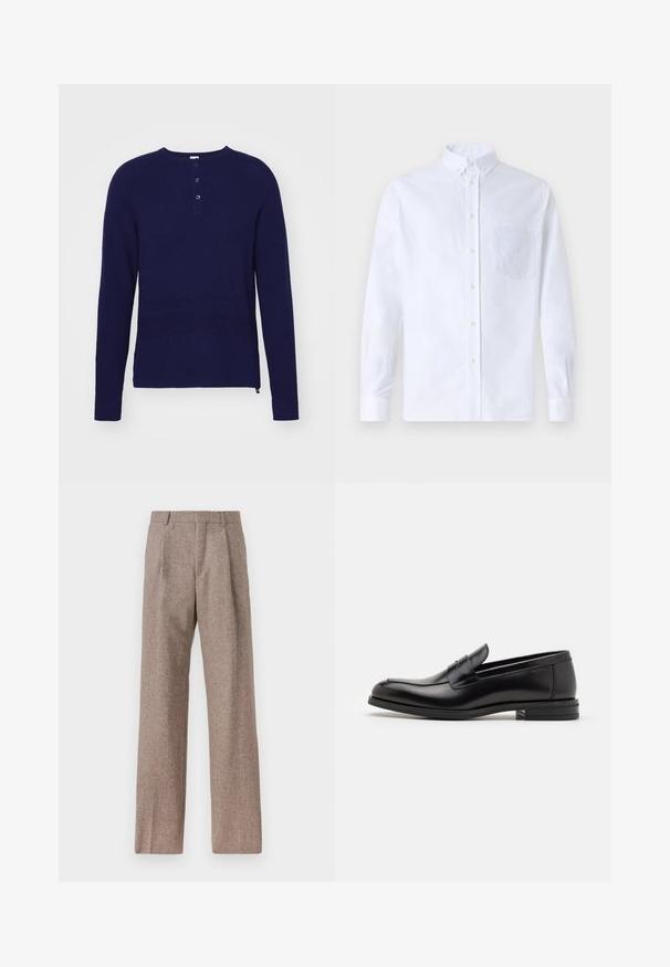 ASPESI Džemperis - blue; Balts garo piedurknēm krekliņš ar pogām, izgatavots no kokvilnas, ar krūšu kabatu ar tonālu izšuvumu, apkakli un pogām pie piedurknēm.; Brūni, augstos šortos izgatavoti no teksturēta auduma. Iezīmē plašas kājas un divas priekšējās krokas, kas nodrošina struktūru. Kārtīga apdare bez redzamām detaļām.; Melnas ādas kurpes ar gludu tekstūru, noapaļu purngalu un dekoratīvu siksniņu pāri priekšpusei. Zems sakrauts papēdis, minimālisma dizains.