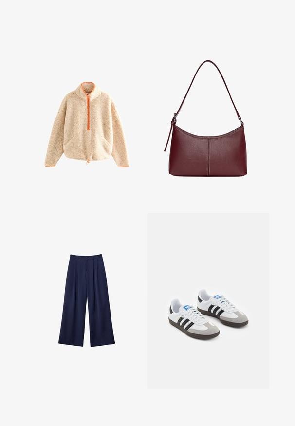 Flauschiger beiger Pullover mit orangefarbenem Reißverschluss, Stehkragen, zwei vorderen Taschen und Kordelzug am Saum. Weicher Stoff mit gesprenkeltem Detail.; Marineblaue weite Hosen mit Falten, Knopfverschluss und Gürtelschlaufen, flach auf einem weißen Hintergrund präsentiert.; Sportschuhe mit einem Obermaterial aus weißem Leder, grauer Wildleder-Zehenkappe und drei schwarzen Streifen. Sie verfügen über ein blaues Logo auf der Zunge und eine strukturierte Gummisohle.; Bordeauxfarbene Ledertasche mit geschwungener Form, einem einzigen Schulterriemen und gesteppten Details in der Mitte. Glatte Textur, minimales Zubehör.