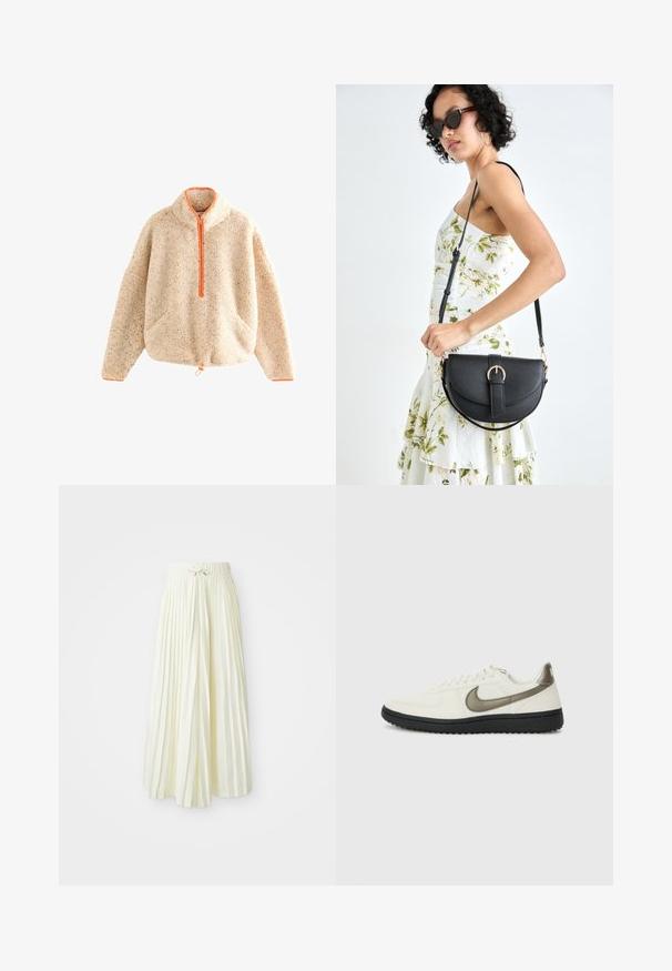 Flauschiger beiger Pullover mit orangefarbenem Reißverschluss, Stehkragen, zwei vorderen Taschen und Kordelzug am Saum. Weicher Stoff mit gesprenkeltem Detail.; Plissierter Midirock aus hellgelbem Stoff mit einem elastischen Bund und einer Schnürung, glatter Textur und vertikalen Streifen für zusätzlichen Detailreichtum.; Nike Sportswear FIELD GENERAL - Sneaker low - off-white/black; Schwarze Lederhandtasche mit geschwungener Form, abnehmbarem Tragegurt und goldenen Beschlägen. Die Tasche verfügt über einen Deckel mit einer Schnallen-Details.