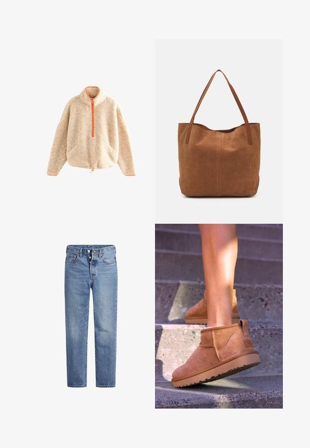 Sudadera de punto beige difuso con cremallera naranja, cuello alto, dos bolsillos frontales y dobladillo con cordón. Textura suave con detalles moteados.; Jeans de mezclilla azul claros con corte recto, diseño de cinco bolsillos y cierre de botón. Presentan un ligero desvanecimiento y acentos de costura en naranja.; Botas de tobillo de ante color beige con una textura suave, detalles de costura y una suela de goma, que cuentan con un tacón en bucle para facilitar su uso.; Bolso tote de ante marrón con dos asas largas, que presenta una textura suave, un diseño simple y sin herrajes ni acentos visibles.