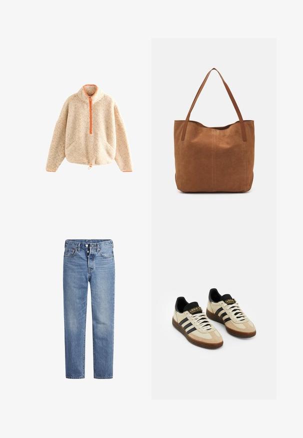 Kohene beež pulloveri sviiter oranži tõmbel, vale kaelus, kaks esimest taskut ja drawstring-äärega. Pehme tekstuur koos täppilise detailiga.; Heled sinised teksad sirge lõikega, viie tasku disainiga ja nööpidega kinni. Omavad kerget pleekimist ja oranže õmblusi.; Bež nahkkingi spordijalatsid mustade nahkaaktsentidega, valged paelad ja pruuni kummist välispind. Igal küljel kolm musta triipu.; Pruun nubukist kott kahe pika sangaga, millel on sile tekstuur, lihtne disain ja nähtavad riistvara või aksessuaarid puuduvad.