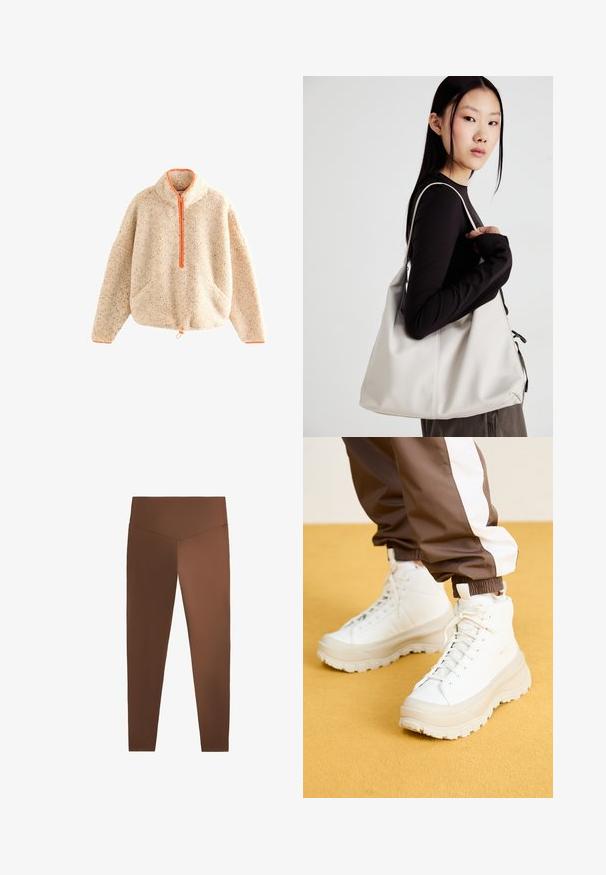 Futrzasty beżowy sweter z pomarańczowym zamkiem, z wysokim kołnierzem, dwoma przednimi kieszeniami i ściągaczem u dołu. Miękka tkanina z drobnymi włóknami.; Brązowe legginsy o gładkiej teksturze, z wysokim stanem i zwężającymi się nogawkami, wykonane z elastycznego materiału. Bez wzorów ani widocznych elementów metalowych.; Białe wysokie trampki z grubą, teksturowaną podeszwą, charakteryzujące się gładką cholewką, okrągłym czubkiem i sznurowadłami w tonacji koloru, na żółtym tle.; Beżowa torebka wykonana z miękkiego materiału, charakteryzująca się luźnym fasonem, wyszywanymi detalami i dwoma uchwytami na ramię. Idealna na co dzień.