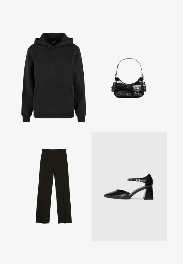 Hanorac negru fabricat dintr-un material moale, cu un buzunar tip kangaroo, manșete ribbate și glugă cu șnur. Design simplu, minimalist.; Pantaloni largi negri, confecționați dintr-un material fin, cu un talie ajustată și pliuri frontale subtile pentru un plus de textură.; Pantofii negri din piele lăcuită cu toc înalt, vârf ascuțit, curea la gleznă și model texturat de crocodil. Design cu toc pătrat.; Geantă de mână din piele lăcuită neagră, cu o formă curbată, un umăr, buzunare frontale și accente din metal argintiu.