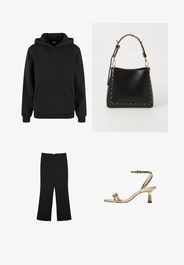 Mustat hupparit, jotka on valmistettu pehmeästä kankaasta, jossa on kengurupussi, ribbikuvioidut hihansuut ja säädettävä huppu. Yksinkertainen, minimalistinen muotoilu.; Mustat housut suoralinjaisella leikkauksella, joissa on etutaskut ja sivurei'ät helman alla. Valmistettu pehmeästä ja sileästä kankaasta. Sopii eri tilaisuuksiin.; Kultaiset metallinhohtoiset korkokengät, joissa on nilkkaremmi, kaksi kapeaa etuosa-aitaa ja paksu korko. Sisältää koristeita.; Musta nahkainen käsilaukku, jossa on jämäkkä muoto, kultaiset niitit reunoilla ja irrotettava hihna kultaisilla yksityiskohdilla.