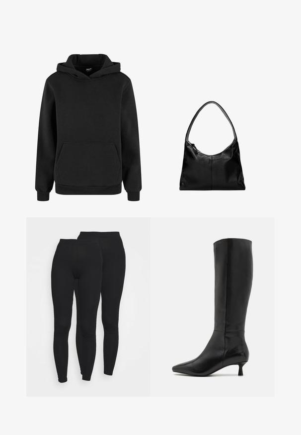 Felpa nera realizzata in morbido tessuto, con tasca a marsupio, polsi a costine e cappuccio con coulisse. Design semplice e minimalista.; Leggings neri con vita elastica, realizzati in un tessuto liscio ed elasticizzato. Presentano un design aderente che si restringe alle caviglie.; Zign Stivali alti - black; Borsa a spalla in pelle nera con una texture liscia, una parte superiore curva e una sola tracolla. Presenta una chiusura con zip e un design minimalista.