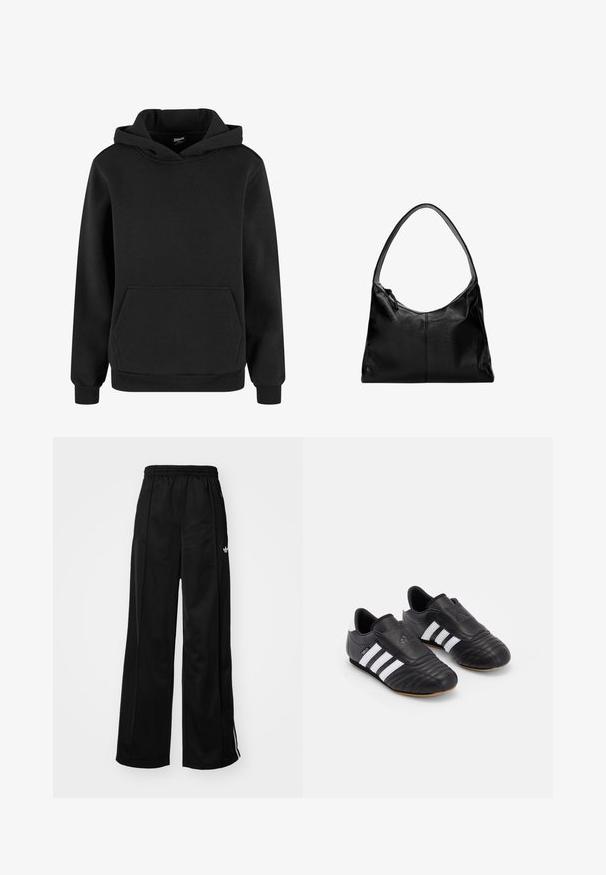 Czarna bluza z kapturem wykonana z miękkiego materiału, z kieszenią typu kangur, ściągaczami przy mankietach i kapturem ze sznurkiem. Prosty, minimalistyczny design.; Czarne szerokie spodnie dresowe z elastycznym pasem, z białymi paskami po bokach i małym logo na lewym biodrze. Gładka tekstura materiału.; Czarne buty piłkarskie z teksturowanej skórzanej cholewki, z wyściełanym przodem, trzema białymi paskami po bokach oraz gumową podeszwą.; Czarna skórzana torba na ramię o gładkiej fakturze, zaokrąglonym wierzchu i pojedynczym pasku. Posiada zamek błyskawiczny i minimalistyczny design.