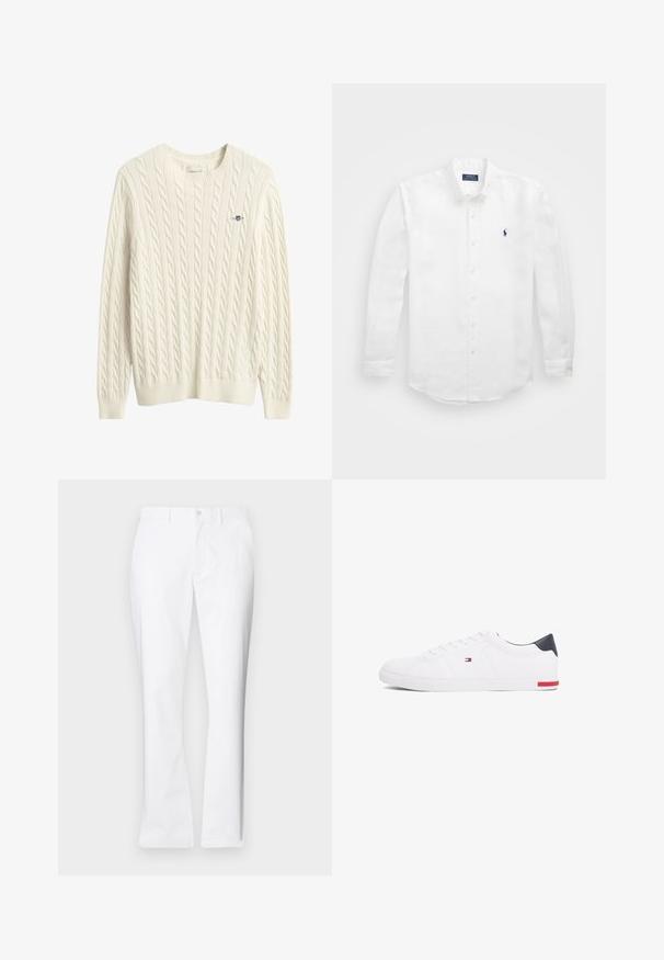 Tejszínszínű, kötött mintás pulóver kerek nyakkivágással, bordás mandzsettákkal és aljjal. A bal felső mellrészen apró hímzett logó található.; Fehér, hosszú ujjú pamut ing, gombos gallérral, bal mellen egy kis tengerészkék logóval és klasszikus gombos záródással.; Fehér pamut nadrág egyenes szabású, elülső zsebekkel, egy gombos záródással és sima textúrával.; Fehér alacsony szárú sneaker sima bőrből. Tengerészkék sarokvédővel és piros díszítéssel a talpon. Hat fűzőlyuk a fűzők számára.