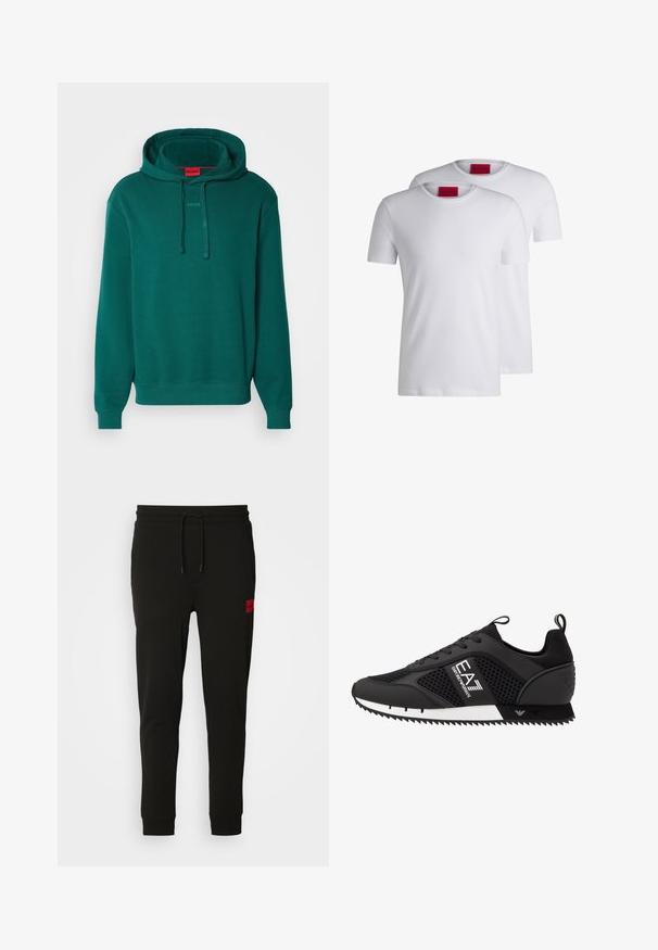 HUGO DAPO - Jersey con capucha - dunkelgrün; Dos camisetas básicas de color blanco, de cuello redondo y mangas cortas, hechas de algodón, con una etiqueta roja de HUGO en el cuello. Sin patrones ni gráficos.; Pantalones de chándal negros hechos de tela suave, con cintura ajustable con cordón, corte slim y un parche de logo rojo en el muslo izquierdo.; EA7 Emporio Armani Zapatillas - black/white