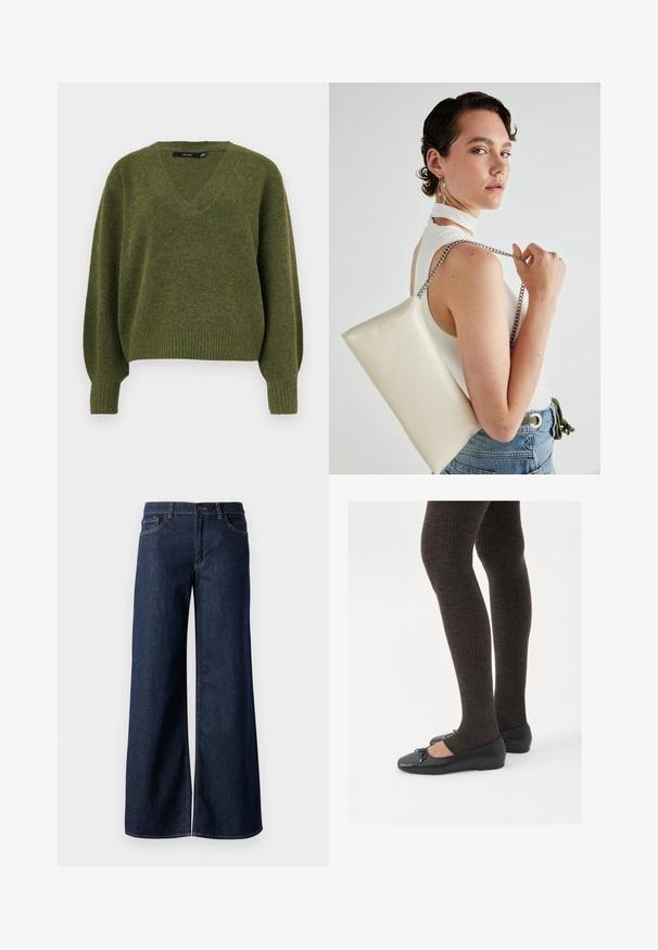 Vero Moda VMBOOM V NECK NOOS - Svetrík - cypress; Džínsy s širokými nohavicami v tmavomodrom denime. Obsahujú kontrastné prešívanie, päť vreciek a gombíkový zips v oblasti pása. Hladká textúra.; Čierne ploché topánky s malou mašľou na špičke, v kombinácii s tmavohnedými rebrovanými pančuchami. Topánky majú hladký povrch a nízky profil.; Biely obdĺžnikový kabelka z lesklého materiálu s strieborným reťazovým popruhom. Model predvádza kabelku na jednotnom pozadí.