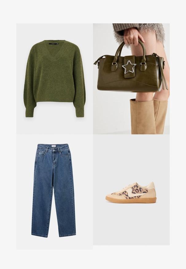 Vero Moda VMBOOM V NECK NOOS - Jumper - cypress; Classic blue denim jeans with a straight-leg design, five pockets, and a button closure. Features a medium wash and sturdy texture.; Leopard print sneakers with beige suede upper, tan rubber sole, and white accents. Round toe and lace-up design with a textured finish.; Olive green faux leather handbag with silver star accent, dual handles, and a zip closure. Textured surface and structured shape.