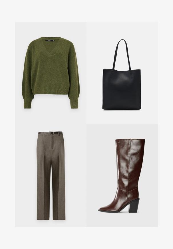 Vero Moda VMBOOM V NECK NOOS - Svetrík - cypress; Hnedé priliehavé nohavice s rovnýms strihom, s hladkým povrchom, pútkami na opasok a plochým predným dizajnom.; Vysoká tmavo hnedá kožená topánka s špicatou špičkou a blokovým podpätkom, zobrazená zboku na jednofarebnom pozadí.; Čierna kožená taška na rameno s hladkým povrchom, obdĺžnikovým tvarom a dvoma dlhými uchami. Bez viditeľného kovania alebo ozdôb.