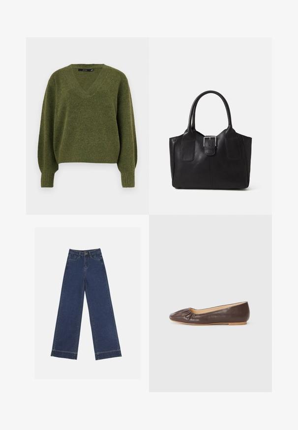 Vero Moda VMBOOM V NECK NOOS - Trui - cypress; Wide-leg jeans in donkerblauwe denim. Voorzien van vijf zakken, riemlussen en een rauwe zoom onderaan met zichtbare stikseldetails.; Bruine leren ballerina met een ronde neus, geplooide details aan de voorkant en een platte, lichte zool.; Zwarte leren tote bag met een gladde textuur, gestructureerde vorm, twee handvatten en een opvallend zilveren sluitingdetail aan de voorkant.