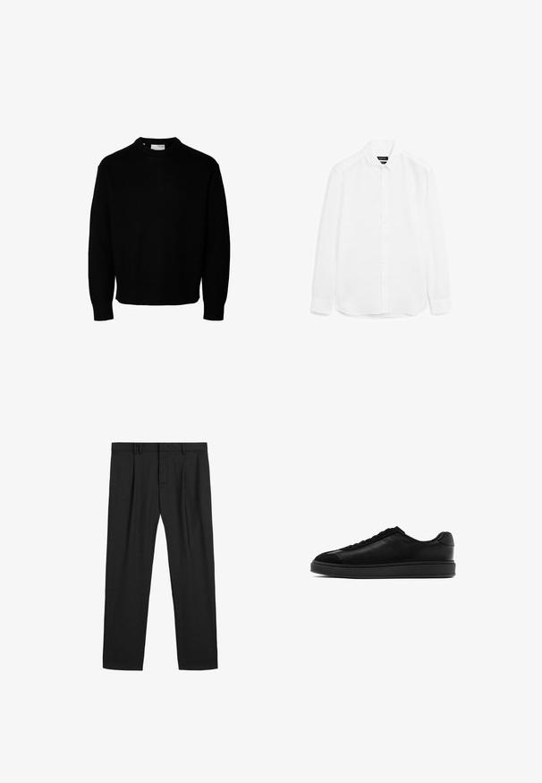 Černý pletený svetr s kulatým výstřihem, dlouhými rukávy a žebrovanými manžetami a lemem. Má měkkou texturu a klasický střih.; Bílá košile s dlouhým rukávem vyrobená z hladké tkaniny, s knoflíkovým zapínáním, špičatým límcem a zaobleným lemem s knoflíkovými manžetami.; Černé plisované kalhoty vyrobené z hladkého materiálu, s tradičním pasem a rovnými nohavicemi. Žádné viditelné vzory ani kovové prvky.; Černé kožené tenisky s hladkým povrchem, kulatou špičkou, šněrováním na přední části a kontrastní texturovanou klopnou. Silná černá gumová podrážka.