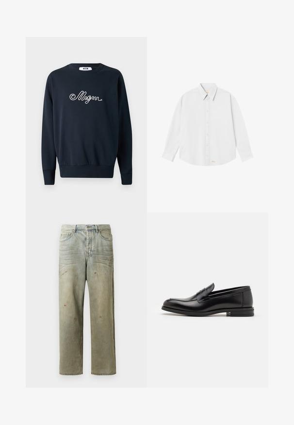 Námořnická mikina s kulatým výstřihem, dlouhými rukávy, žebrovanými manžetami a spodním lemem; na přední straně se nachází dekorativní stříbrný vyšitý text.; Bílá košile na knoflíky s klasickým límcem, dlouhými rukávy a zaobleným lemem; na dolní levé straně je malá oranžová značka.; Odstřižené džíny v světle zelené barvě, se rovnými nohavicemi, pěti kapsami a nerovnoměrným vyblednutím s barevnými skvrnami.; Černé kožené polobotky s hladkou texturou, zaoblenou špičkou a zdobným páskem přes nárt. Nízký stohovaný podpatek, minimalistický design.