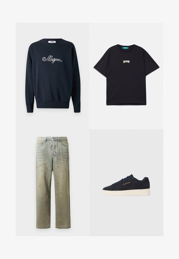 Tengerészkék pulóver, kerek nyakkivágással, hosszú ujjakkal, bordás mandzsettákkal és aljjal; elöl díszes, ezüst hímzett felirattal.; Fekete pamut póló laza szabással, kis fehér "BARROW" logóval a mellrészen és klasszikus kerek nyakkivágással.; Fakó zöld, kopott farmerszadrág, egyenes lábbal, ötk zsebes kialakítással, egyenetlen kopással és festékcseppekkel.; Sötétkék velúr, alacsony szárú teniszcipő fehér talppal, sötétkék fűzőkkel és arany színű "Filling Pieces" logóval az oldalán.