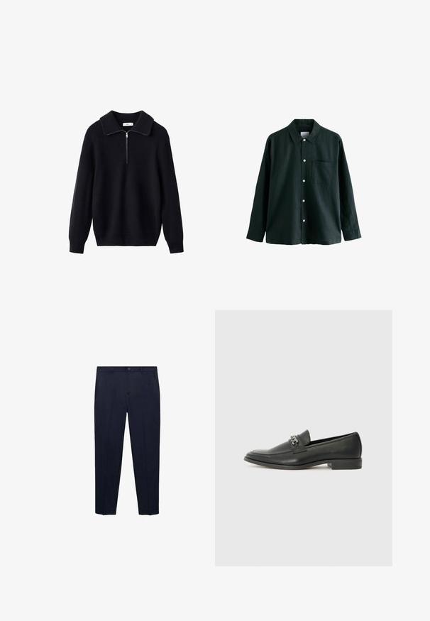 Črni pleteni pulover z rebrasto teksturo, širokim ovratnikom in zadrgo do polovice spredaj. Dolgi rokavi in sproščen kroj.; Temnozeleno srajco z gumbom in ovratnikom, dolgimi rokavi in enim žepom na prsih; ima bele gumbe in mehko teksturo.; Mornarsko modre hlače iz gladkega materiala, z ravnim krojem, standardnim pasom s gumbom in diskretnimi stranskimi žepi.; Črni usnjeni loafer z gladko površino, ki ima šivano zasnovo in dekorativni kovinski verižni naglas preko vampirja. Ravno peto.