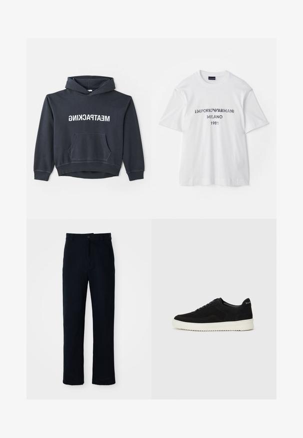 Helmut Lang MEATPACKING HOODIE - Sportska majica - ash; Bijela pamučna majica kratkih rukava, sa natpisom "EMPORIO ARMANI MILANO 1981" u tamnosivom slovima i logotipom. Klasičan dizajn s okruglim izrezom.; Mornarsko plave hlače od pamuka, s ravnim krojem, prednjim kopčanjem na gumb i klasičnim pojasom s petljama za remen.; Crne nubuk tenisice s vezanjem i kontrastnom bijelom gumenom potplatom. Imaju teksturirane bočne panele i suptilno brendiranje na peti.