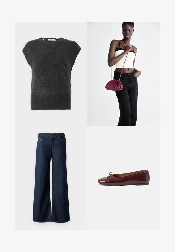 Pullover curto de mangas curtas, cinza-escuro, feito de um material suave e felpudo. Decote arredondado com costuras mínimas e um ajuste descontraído.; Jeans de perna larga em denim azul escuro. Apresenta costura em contraste, cinco bolsos e um fecho de botão na cintura. Textura lisa.; Bailarinas em couro sintético borgonha com bico redondo, pequeno laço na frente e sola baixa em borracha preta. Textura suave.; Bolsa de tecido suave em borgonha com um design franzido e uma alça longa, usada à transversal. Modelo veste um top cropped branco e jeans pretos.