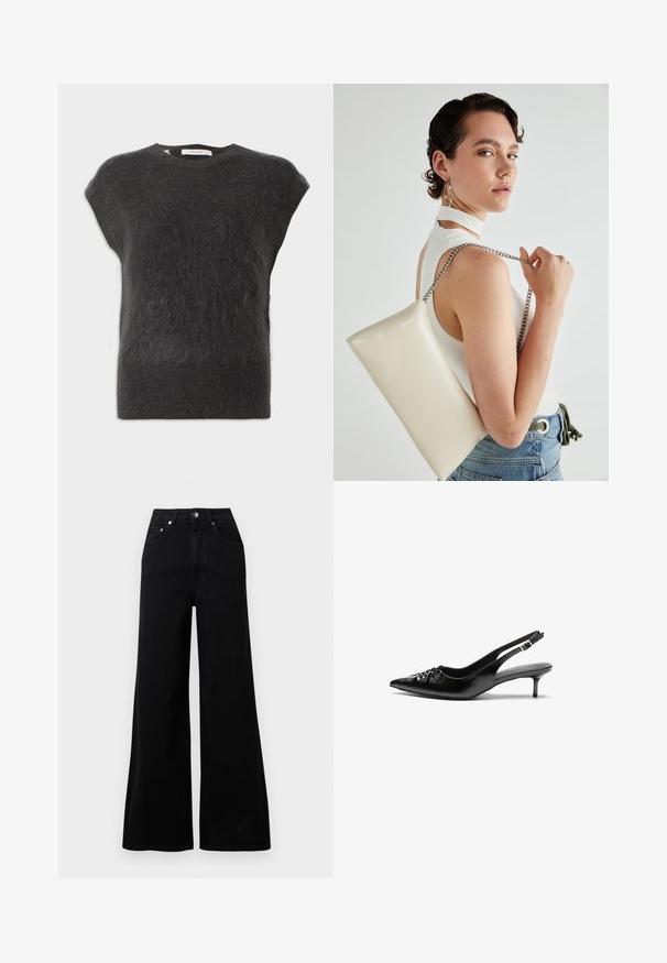 Tamnosiva, kratkoslavljena majica od mekog, pahuljastog materijala. Okrugli izrez s minimalnim šavovima i opušteni kroj.; Crne široke traperice od trapera, s visokim strukom, pet džepova, zatvaranjem na gumbe sprijeda i minimalnim šavovima.; Crne kožne sandale na petu s ikkrenim nosom, malom kitten petom i dekorativnom mašnom sprijeda. Glatka tekstura svuda.; Bijela pravokutna torbica s kopčanjem, izrađena od sjajnog materijala, s srebrnim lančićem. Model pozira, prikazujući torbicu na jednostavnoj pozadini.
