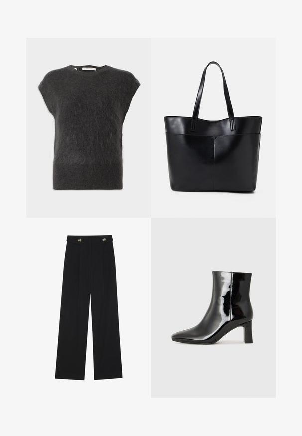 Dark grey, short-sleeved sweater made of soft, fuzzy material. Rounded neckline with minimal seams and a relaxed fit.; Black wide-leg trousers with high waist, button details on waistband, and front pleats.; Black patent leather ankle boot with a pointed toe and a mid-height block heel. Smooth texture and minimalist design.; Black leather tote bag with two long handles, a smooth texture, and a structured shape. Features a front pocket for additional storage.