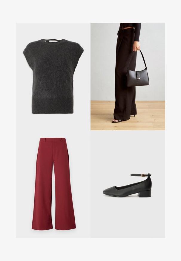 Tmavo šedý krátky rukáv sveter vyrobený z mäkkého, chlpatého materiálu. Okrúhly výstrih s minimálnymi švami a uvoľnený strih.; Široké nohavice v hlbokej burgundskej farbe. Vyrobené z hladkej, elastickej tkaniny s pekne spracovanými švami a predným zipsom.; Čierne kožené lodičky s špicatou špičkou a nízkym blokovým podpätkom. Obsahuje remienok okolo členka so zlatým prackou. Hladký povrch.; Čierna kabelka so štruktúrovaným tvarom, hladkou textúrou a kovovou sponou. V kombinácii so širokými čiernymi nohavicami a sandálmi s otvorenou špičkou na drevenej podlahe.